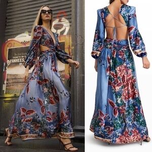 PatBO Dress Gilly Print Cut-Out Maxi Floral Open Back Slit Vacation Blue 8 NWT